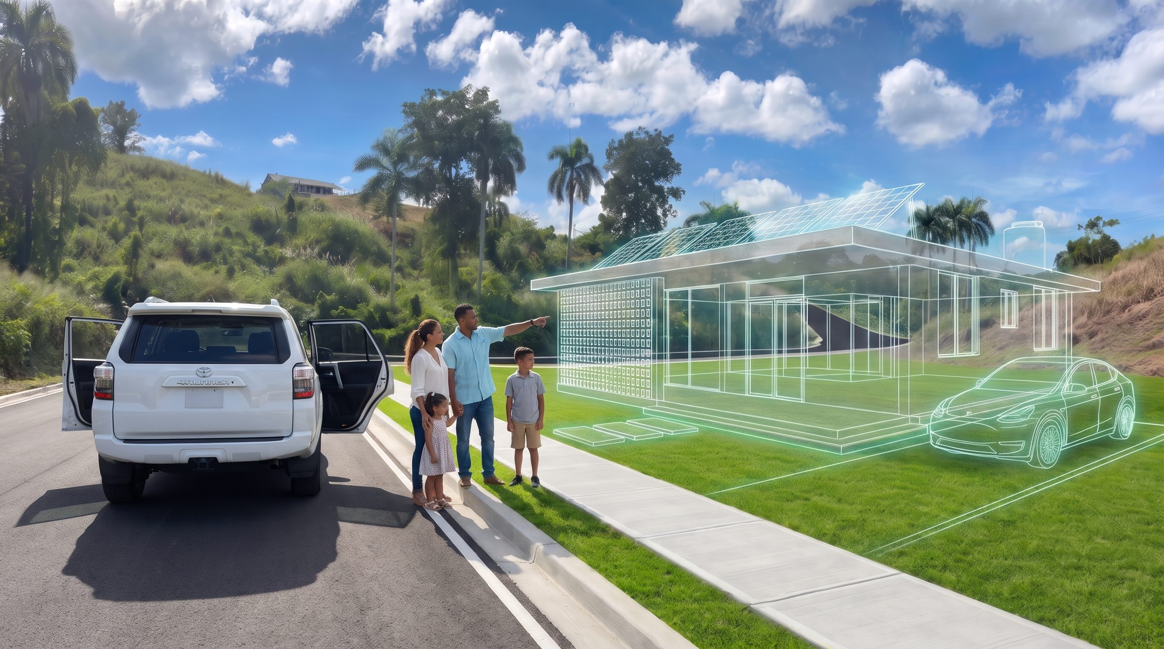 Familia en su carro mirando un solar de Hacienda Vista Verde con una casa dibujada en plano sobre la grama, junto a la calle nueva
